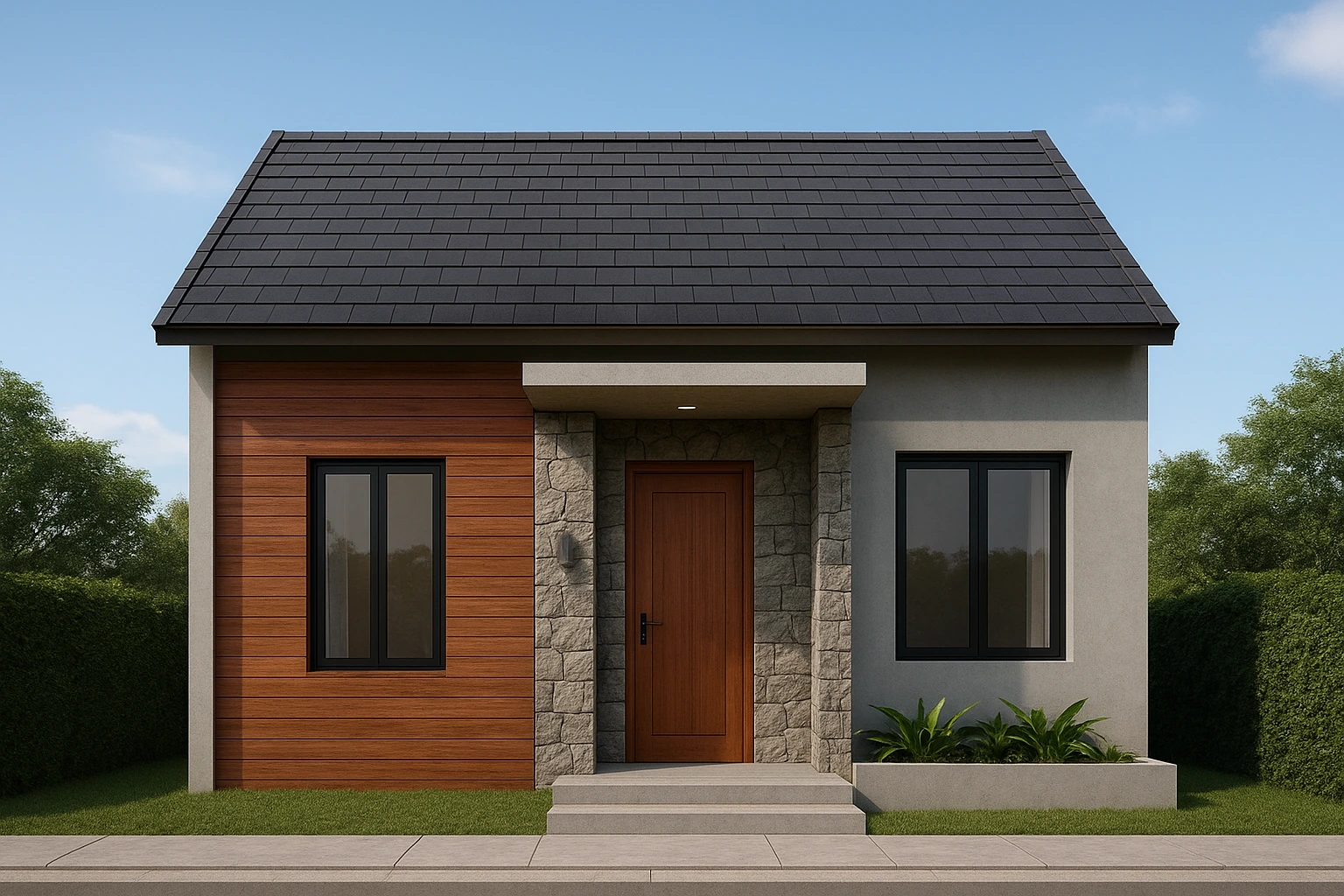 Fasad rumah type 45 minimalis elegan dengan batu alam